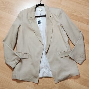 NWT Linen Blend Open Front Beige Blazer Size Small Relaxed Oversized Cefian